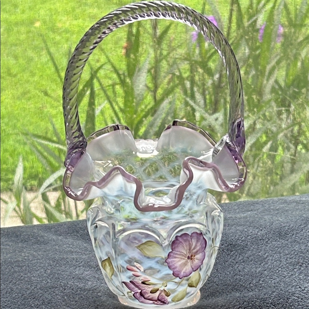 Glass Art Basket with Curved Handle